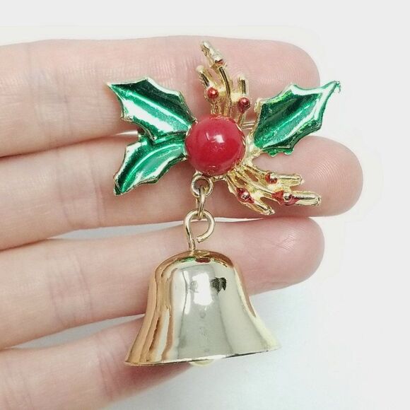 Vintage Christmas Bell with Holly Leaves Brooch, Enamel Mistletoe Holiday Pin - Picture 1 of 6